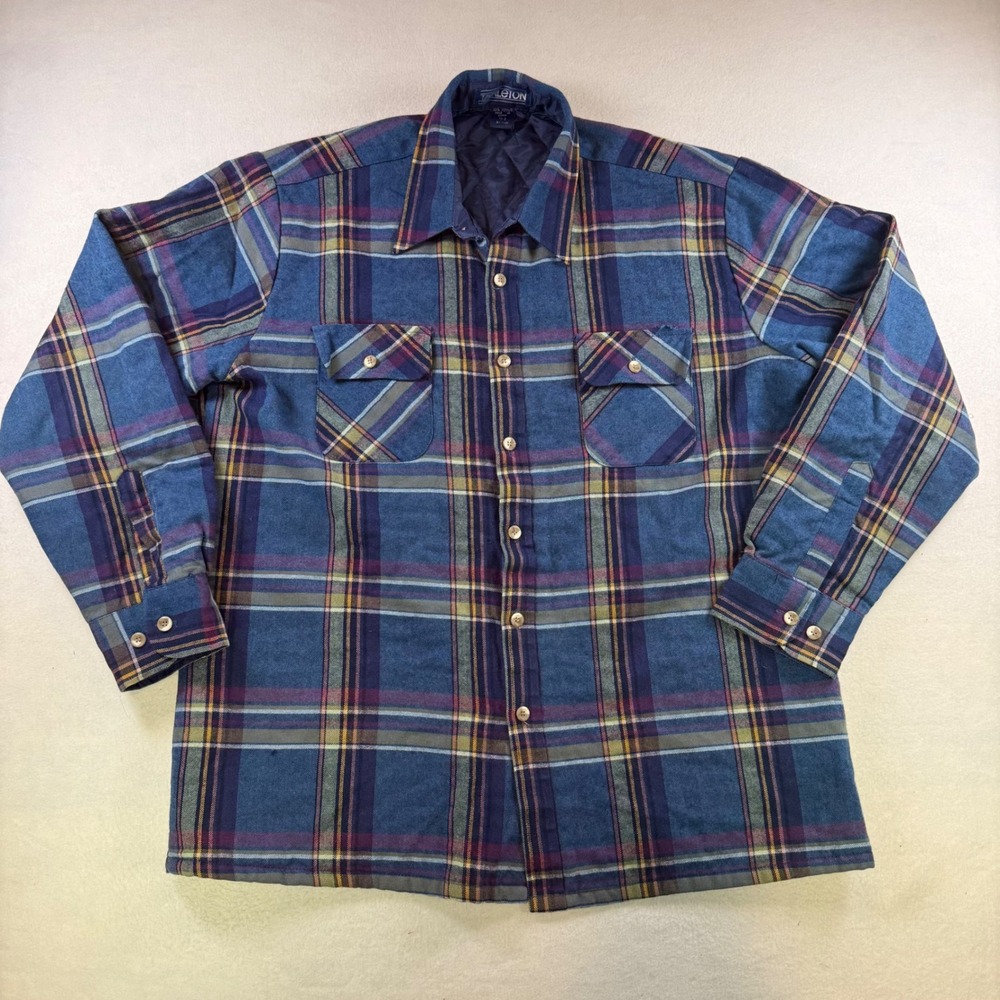 Tarleton Vintage Mens Quilted Flannel Shirt Jacket Blue Plaid Lined Large L